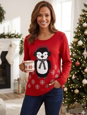 NWT REITMANS Whimsical Winter Penguin Snowflake Themed Sweater, Size XL